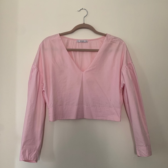 ASOS Pink Crop Top Balloon Sleeve V Neck. - Picture 3 of 6